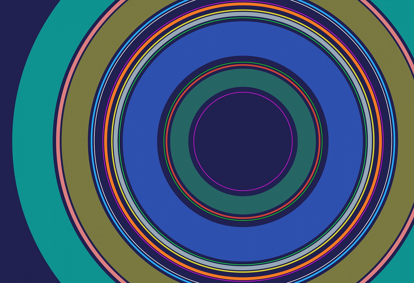 Dane Albert, Circles #43, 2023
Acrylic on canvas (Concept) © 2024 Dane Albert, 48 x 72 in. (121.9 x 182.9 cm)
Series of colored lines and shapes in multiple configurations
DA.2023-043