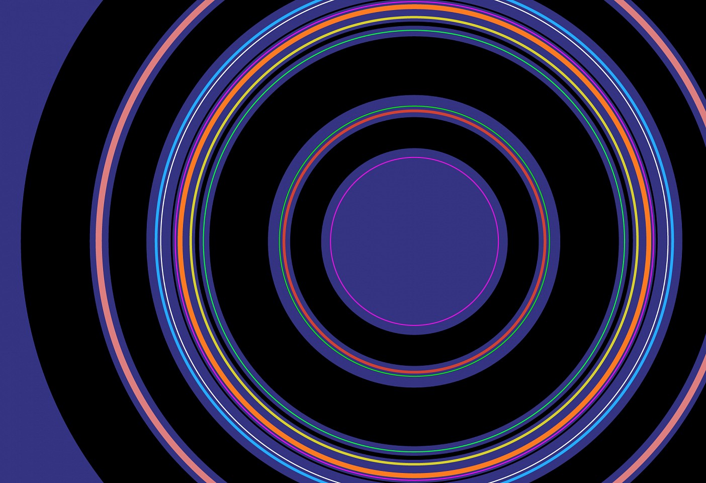 Dane Albert, Circles #43 Night (black), 2023
Acrylic on canvas (Concept) © 2024 Dane Albert, 48 x 72 in. (121.9 x 182.9 cm)
Series of colored lines and shapes in multiple configurations
DA.2023-043-night-black